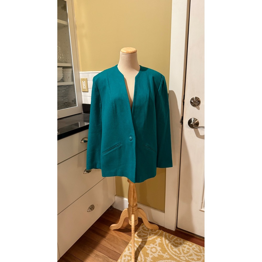 Pendleton Vintage Teal 100% Virgin Wool Collarless Blazer Jacket Made in‎ USA Lg